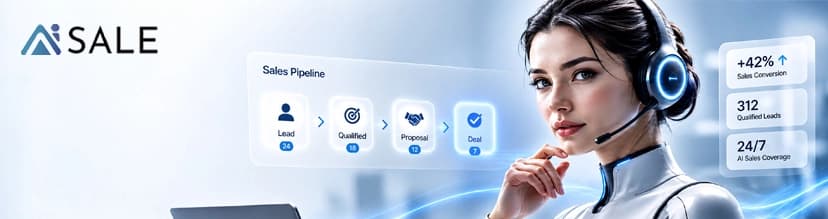 Banner for AI SALE featuring a sales customer support representative wearing a headset beside a digital "Sales Pipeline" interface and performance metrics.